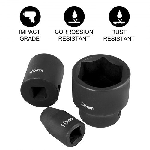 26-Piece 1/2" Drive Impact Socket Set, CR-V Steel 6-Point Shallow Sockets (10mm-36mm) with Storage Case