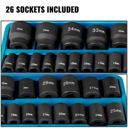 26-Piece 1/2" Drive Impact Socket Set, CR-V Steel 6-Point Shallow Sockets (10mm-36mm) with Storage Case