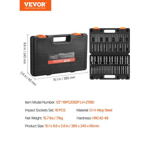19Piece 12 Impact Socket Set Deep SAE 6Point Sockets For Trucks  Industrial Use Rugged Chrome Vanad 8