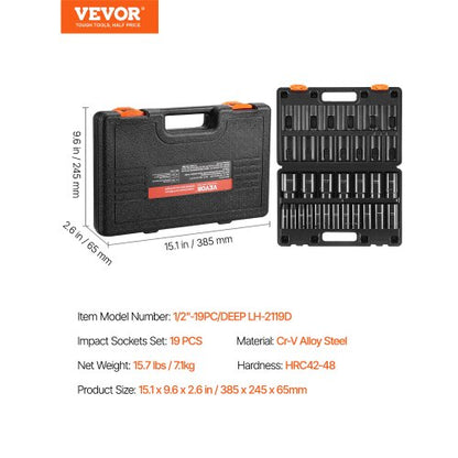 19Piece 12 Impact Socket Set Deep SAE 6Point Sockets For Trucks  Industrial Use Rugged Chrome Vanad 8