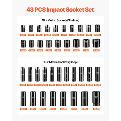 43Piece 12 Drive Impact Socket Set 6Point Metric Sockets 930mm Standard  Deep  Includes Extensions 3