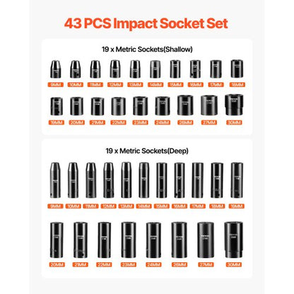 43Piece 12 Drive Impact Socket Set 6Point Metric Sockets 930mm Standard  Deep  Includes Extensions 3