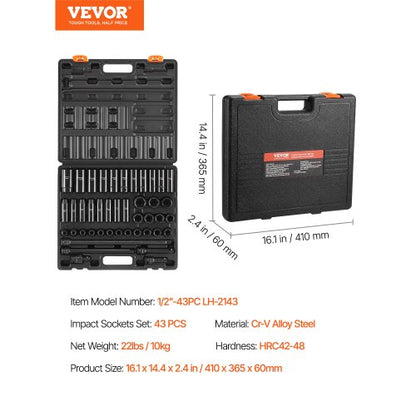 43Piece 12 Drive Impact Socket Set 6Point Metric Sockets 930mm Standard  Deep  Includes Extensions 7
