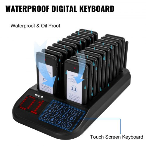 20-Pager Wireless Restaurant Paging System, F103 Model with Touch Keyboard, 500m Range & Rechargeable Batteries