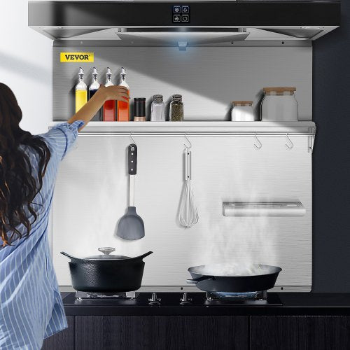Stainless Steel Range Hood Backsplash, 30 x 30.7 Inch Wall Shield with Storage Shelf, Knife Holder & Hooks – Oil Splash