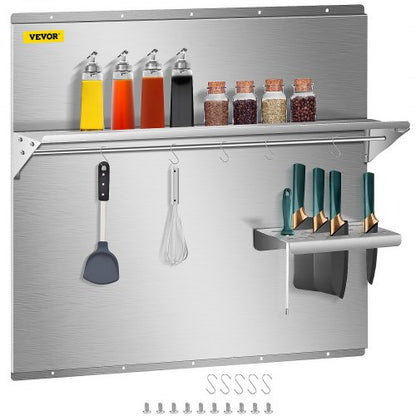 Stainless Steel Range Hood Backsplash, 36x30 Inch Silver Splash Plate with Storage Shelf, Knife Holder & Hooks