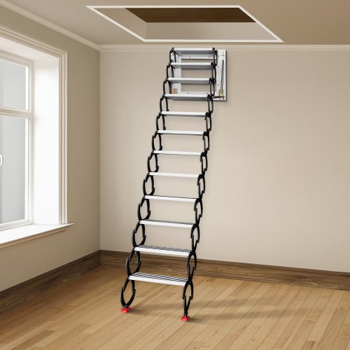 Black Pulldown Attic Stairs, 12-Step Wall-Mounted Folding Stairs for Attic, Retractable Ladder with Armrests