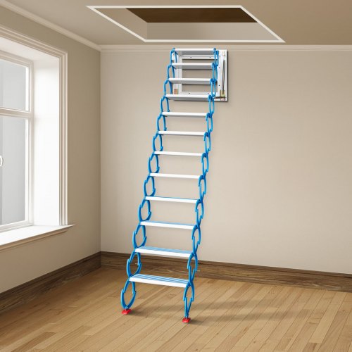 Alloy Attic Access Ladder, Blue Pulldown Attic Stairs, Wall-Mounted Folding Stairs for Attic (9.8 ft Height, 660 lbs