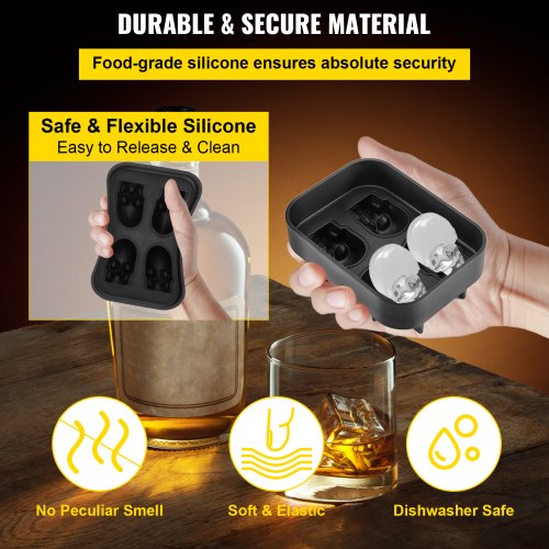 Skull Ice Cube Tray, Grid Flexible Black Silicone Ice Mold with Lid & Funnel for Whiskey, Cocktails, Chocolate