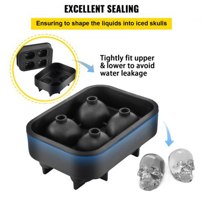 Skull Ice Cube Tray, Grid Flexible Black Silicone Ice Mold with Lid & Funnel for Whiskey, Cocktails, Chocolate
