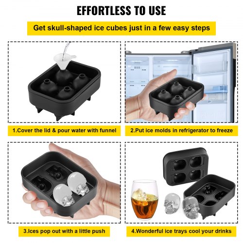 Skull Ice Cube Tray, Grid Flexible Black Silicone Ice Mold with Lid & Funnel for Whiskey, Cocktails, Chocolate