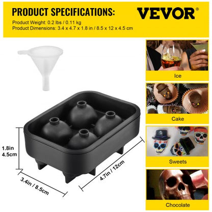 Skull Ice Cube Tray, Grid Flexible Black Silicone Ice Mold with Lid & Funnel for Whiskey, Cocktails, Chocolate