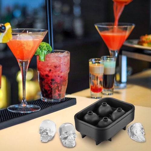 Skull Ice Cube Tray, Grid Flexible Black Silicone Ice Mold with Lid & Funnel for Whiskey, Cocktails, Chocolate