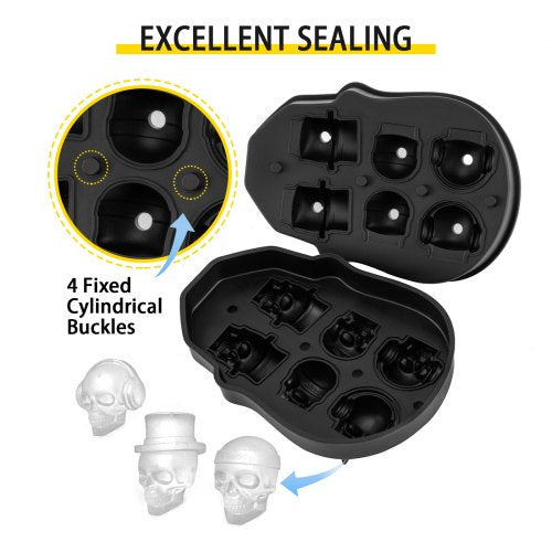 Skull Ice Cube Tray, Grid Skull Ice Ball Maker, Flexible Black Silicone Ice Tray with Lid & Funnel for Halloween