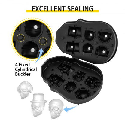 Skull Ice Cube Tray, Grid Skull Ice Ball Maker, Flexible Black Silicone Ice Tray with Lid & Funnel for Halloween