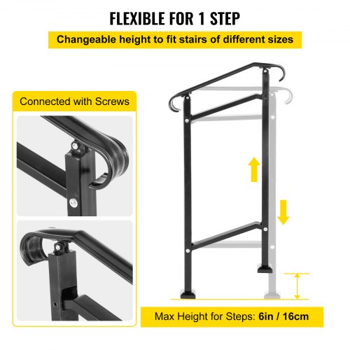 Wrought Iron Handrail for Outdoor Stair Railing with Adjustable Front Porch Railings for Concrete Steps or Wood Stairs