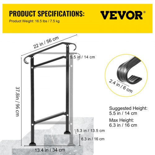 Wrought Iron Handrail for Outdoor Stair Railing with Adjustable Front Porch Railings for Concrete Steps or Wood Stairs