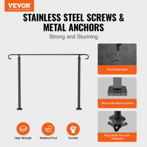 Flexible Wrought Iron Handrail for Outdoor Steps, Black Transitional Stair Railing for Concrete Steps or Wooden Stairs