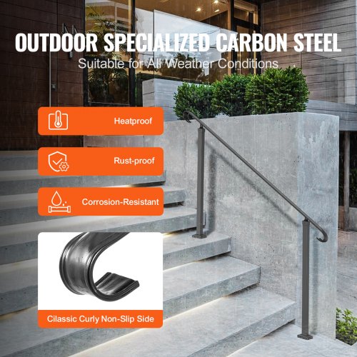 Flexible Wrought Iron Handrail for Outdoor Steps, Black Transitional Stair Railing for Concrete Steps or Wooden Stairs