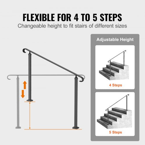 Flexible Wrought Iron Handrail for Outdoor Steps, Black Transitional Stair Railing for Concrete Steps or Wooden Stairs