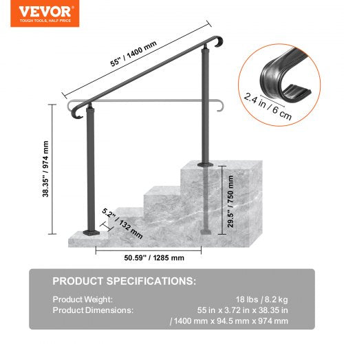 Flexible Wrought Iron Handrail for Outdoor Steps, Black Transitional Stair Railing for Concrete Steps or Wooden Stairs