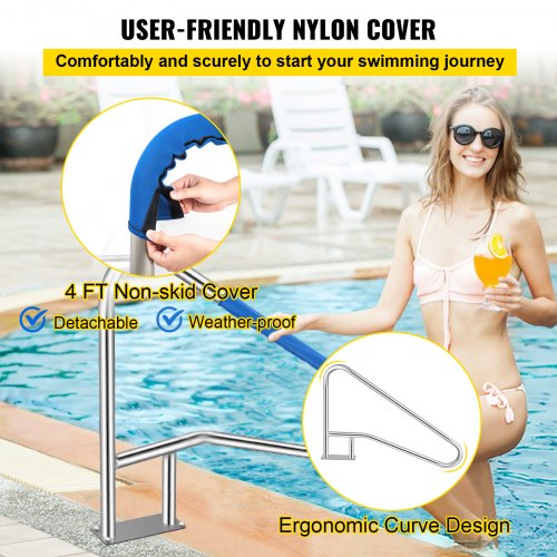 Pool Handrail, Stainless Steel Rustproof Pool Rail with Blue Grip Cover, 250LBS Capacity, Humanized Pool Railing