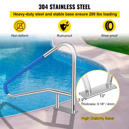 Pool Handrail, Stainless Steel Rustproof Pool Rail with Blue Grip Cover, 250LBS Capacity, Humanized Pool Railing