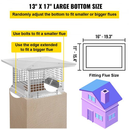 Stainless Steel Chimney Cap, Adjustable Flue Cover with Mesh Screen, Bolts & Screws, Outdoor Fireplace Spark Arrestor