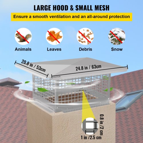 Stainless Steel Chimney Cap, Adjustable Flue Cover with Mesh Screen, Bolts & Screws, Outdoor Fireplace Spark Arrestor