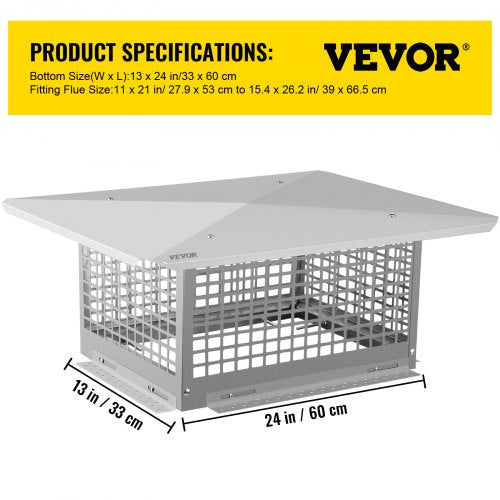 Stainless Steel Chimney Cap, Flue Cover with Bolts & Screws, Adjustable Spark Arrestor for Masonry & Clay Tile Fireplace