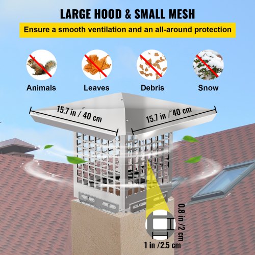 Flue Caps, Stainless Steel Chimney Cover with Bolts & Screws, Adjustable Mesh Spark Arrestor for Outdoor Fireplace