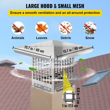 Flue Caps, Stainless Steel Chimney Cover with Bolts & Screws, Adjustable Mesh Spark Arrestor for Outdoor Fireplace