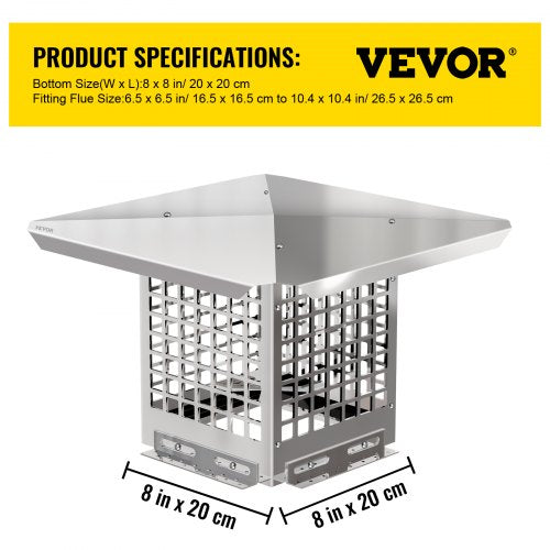 Flue Caps, Stainless Steel Chimney Cover with Bolts & Screws, Adjustable Mesh Spark Arrestor for Outdoor Fireplace
