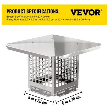 Flue Caps, Stainless Steel Chimney Cover with Bolts & Screws, Adjustable Mesh Spark Arrestor for Outdoor Fireplace