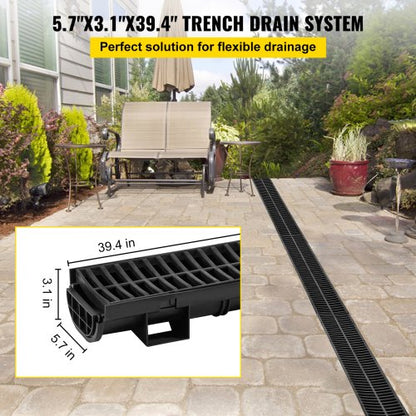 5Pack Plastic Trench Drain System 57x31Inch HDPE Channel Drain With Grates  End Caps  HeavyDuty Wat 2
