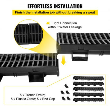 5Pack Plastic Trench Drain System 57x31Inch HDPE Channel Drain With Grates  End Caps  HeavyDuty Wat 3