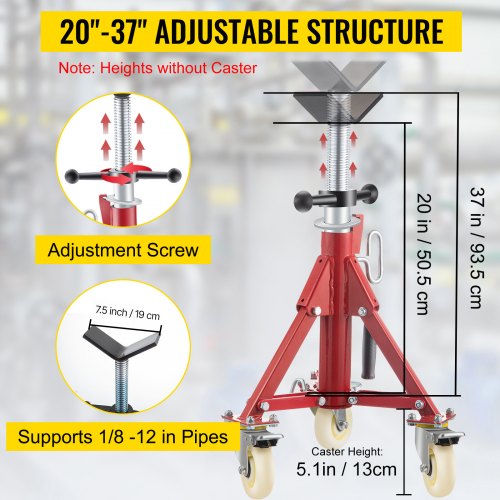 Portable Pipe Jack Stand with Casters, 20-37 Inch Adjustable Height, 882 LB Capacity, V-Head Support for 1/8 to 12 Inch