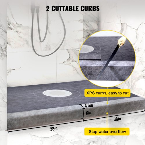Premium Shower Curb Overlay Kit, Watertight Shower Pan with Central Drain, Adjustable Curbs & Trowel, Leak-Proof