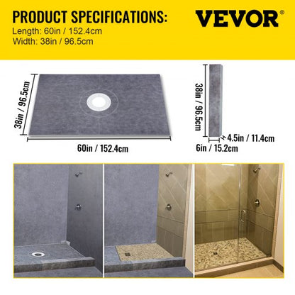 Premium Shower Curb Overlay Kit, Watertight Shower Pan with Central Drain, Adjustable Curbs & Trowel, Leak-Proof