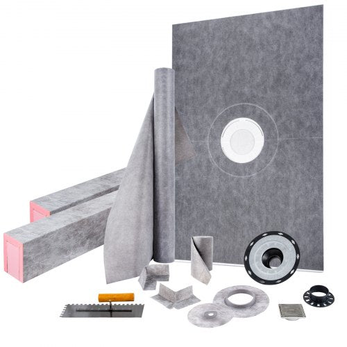 Waterproof Shower Curb Overlay Kit, PVC Central Flange, Stainless Grate, Adjustable Curbs, HDPE Membrane & Slope Tray
