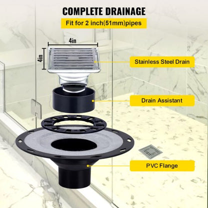 Waterproof Shower Curb Overlay Kit, PVC Central Flange, Stainless Grate, Adjustable Curbs, HDPE Membrane & Slope Tray
