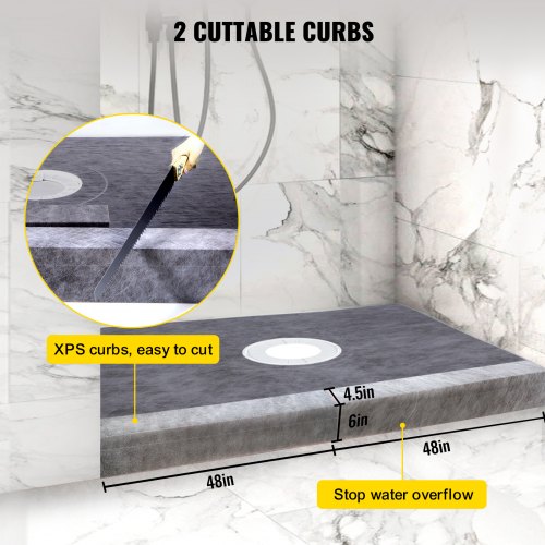 Waterproof Shower Curb Overlay Kit, PVC Central Flange, Stainless Grate, Adjustable Curbs, HDPE Membrane & Slope Tray