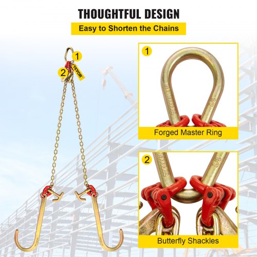 Grade V Bridle Chain, High lbs Break Strength Tow Chain Bridle with TJ Hooks, Grab Hooks, Heavy Duty Pear Link Connector
