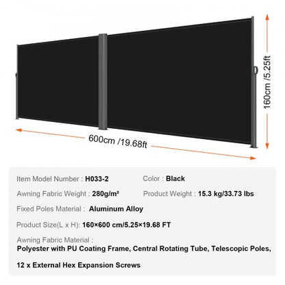 Retractable Side Awning, Double Retractable Patio Screen Waterproof Privacy Fence, Outdoor Room Divider