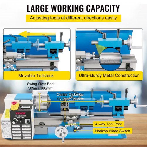 Precision Mini Wood & Metal Bench Lathe 550W Turning Machine, Variable Speed, Heavy-Duty Gear, Professional Threading