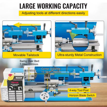 Precision Mini Wood & Metal Bench Lathe 550W Turning Machine, Variable Speed, Heavy-Duty Gear, Professional Threading