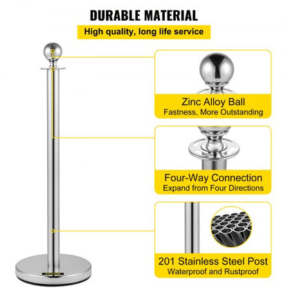 Crowd Control Stanchion Set, Silver Stainless Steel Barrier with Red Velvet Rope & Weighted Metal Base, Quick Setup
