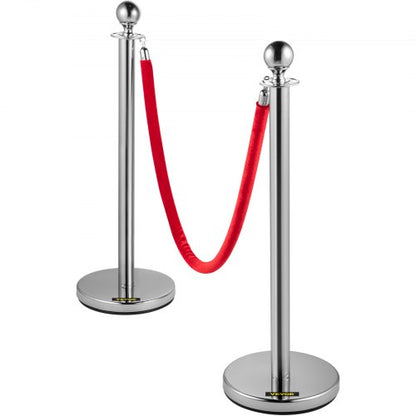 Crowd Control Stanchion Set, Silver Stainless Steel Barrier with Red Velvet Rope & Weighted Metal Base, Quick Setup