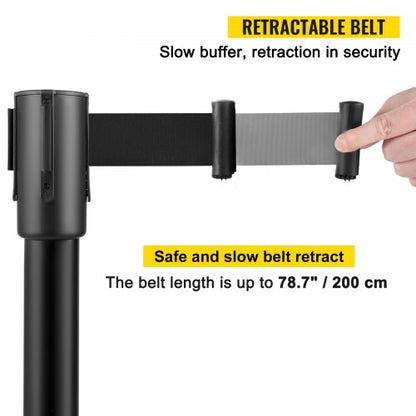 Crowd Control Stanchion, Black Retractable Belt Queue Barrier, Heavy-Duty Black Stanchion Posts w/ Concrete & Metal Base