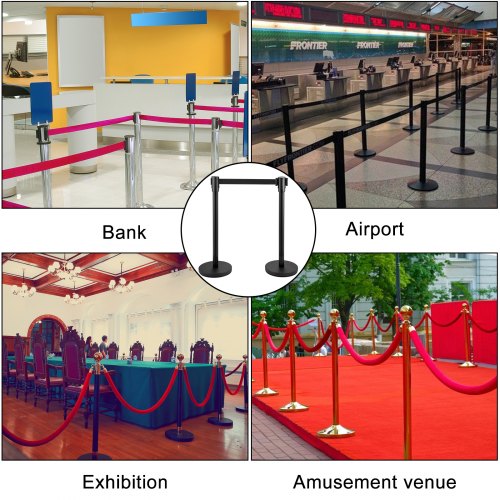 Crowd Control Stanchion, Black Retractable Belt Queue Barrier, Heavy-Duty Black Stanchion Posts w/ Concrete & Metal Base